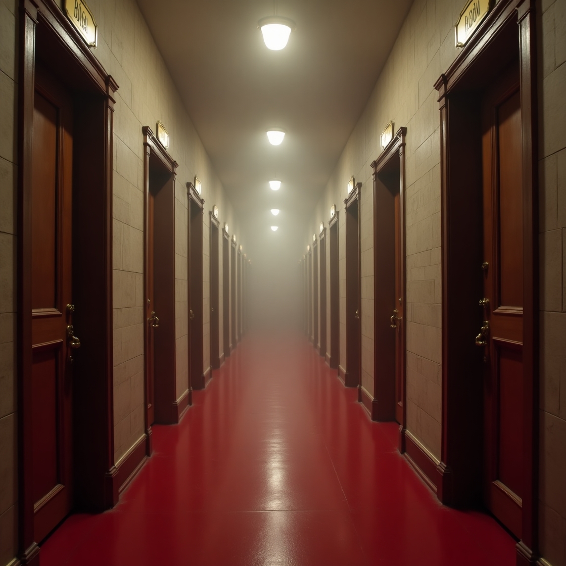Infinite corridor with red flooring and endless doors